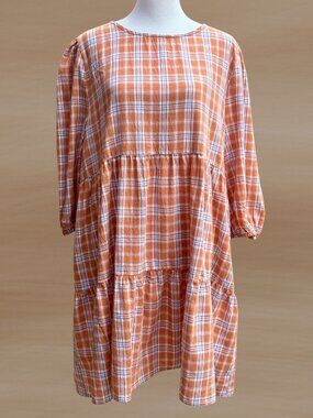 Easel Plaid Babydoll Mini Dress Relaxed Fit Tiered Pockets Cotton Boho (Sz Lg)